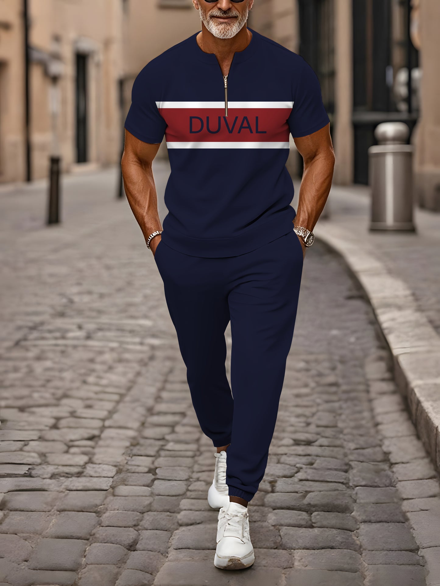 Zipper Short Sleeve Long Pants Two-Piece Set