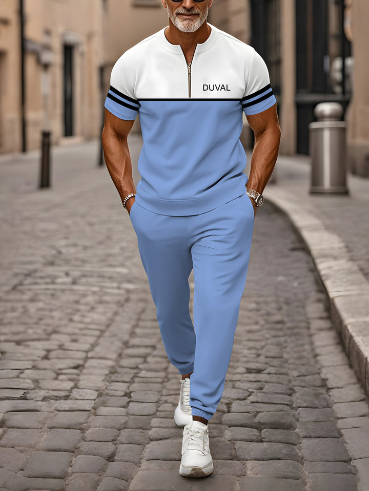 Zipper Short Sleeve Long Pants Two-Piece Set - DUVAL