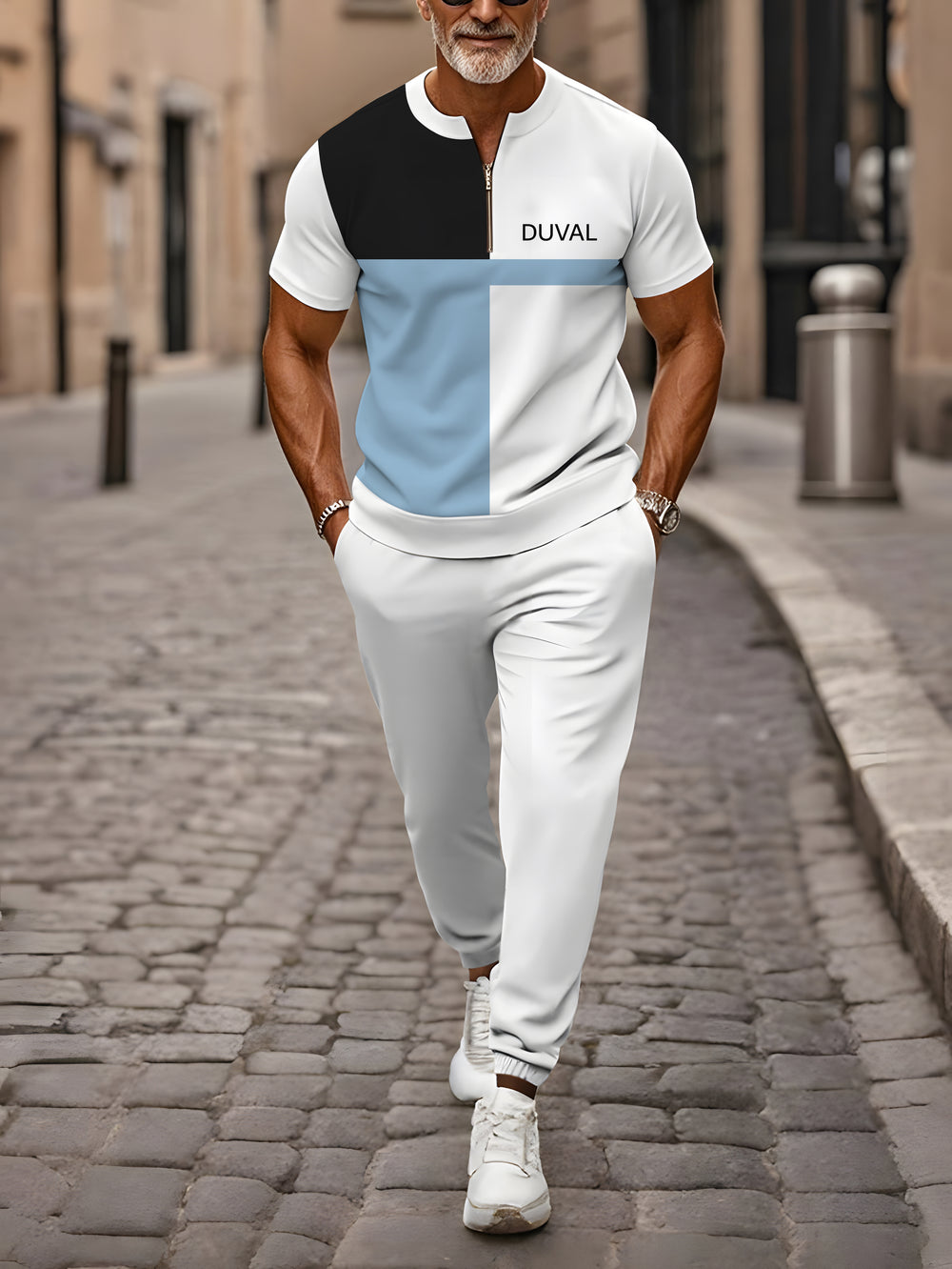 Zipper Short Sleeve Long Pants Two-Piece Set - DUVAL