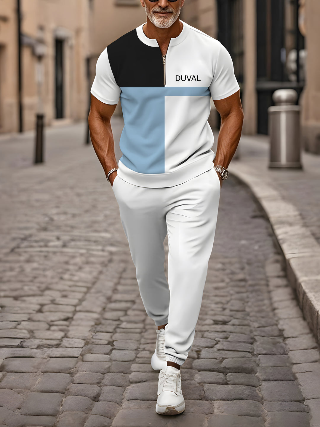 Zipper Short Sleeve Long Pants Two-Piece Set - DUVAL