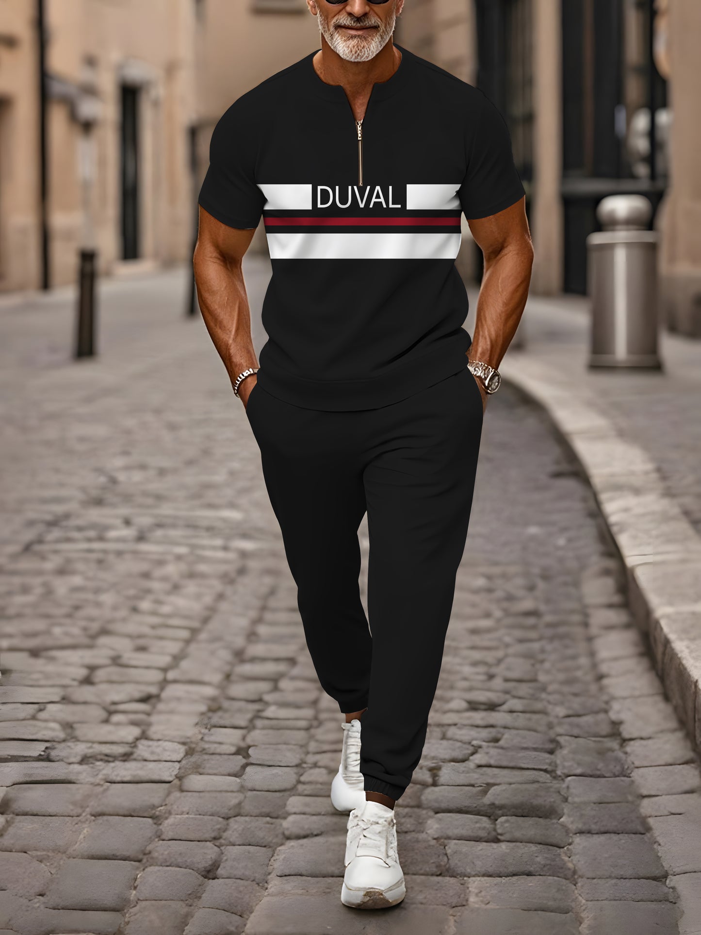 Zipper Short Sleeve Long Pants Two-Piece Set