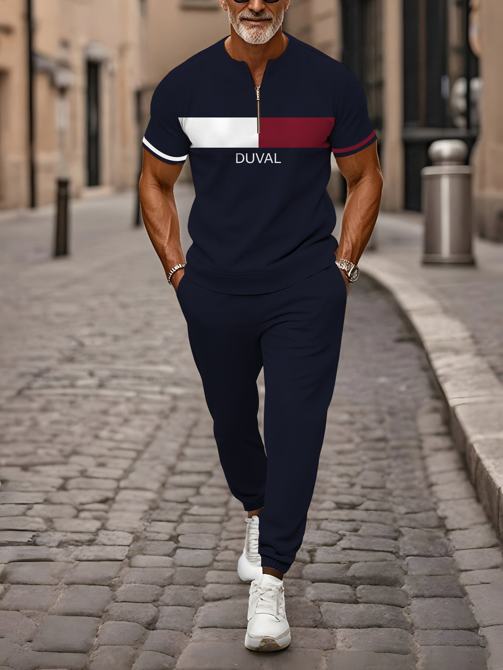 Zipper Short Sleeve Long Pants Two-Piece Set - DUVAL