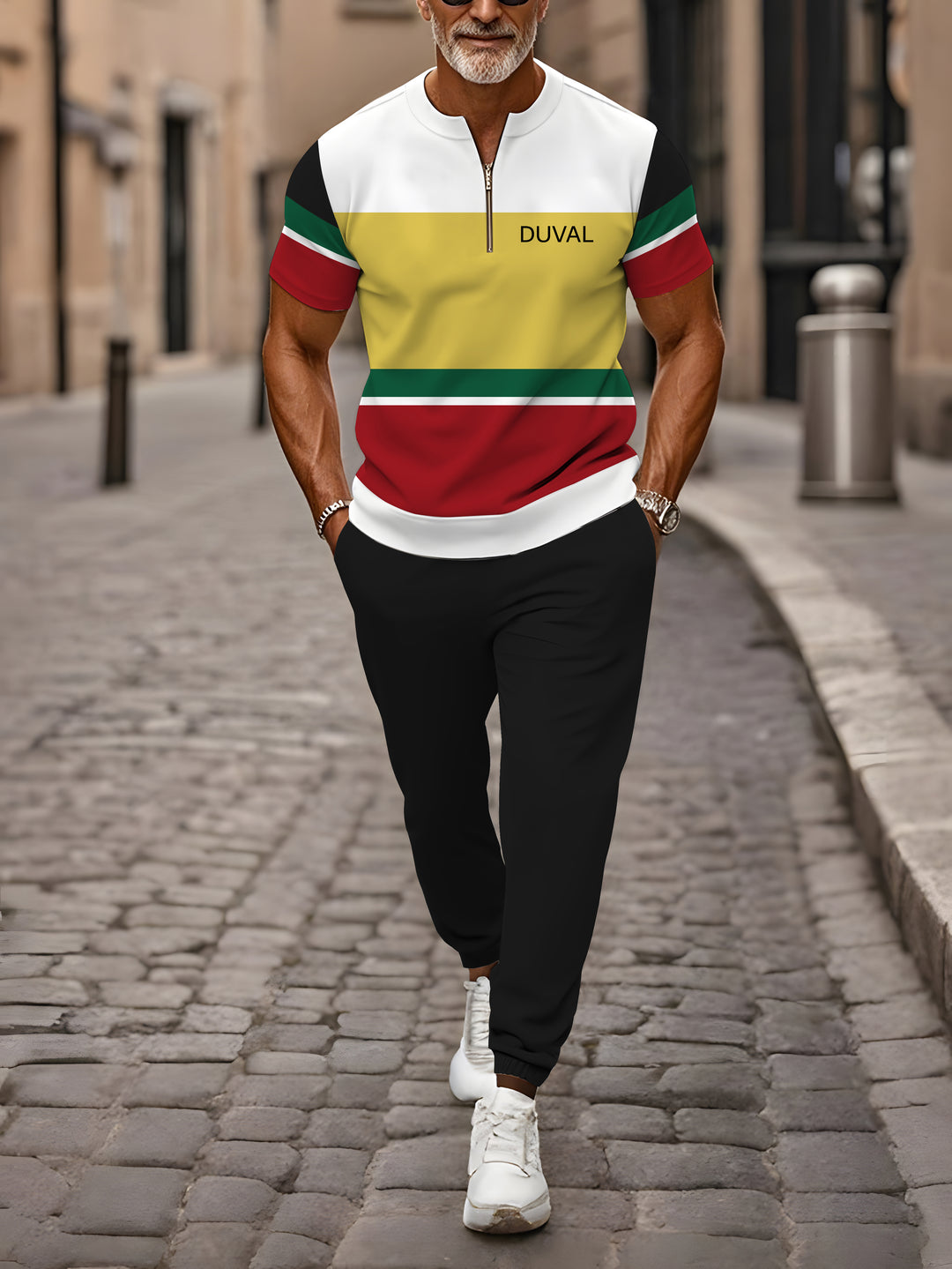 Zipper Short Sleeve Long Pants Two-Piece Set - DUVAL