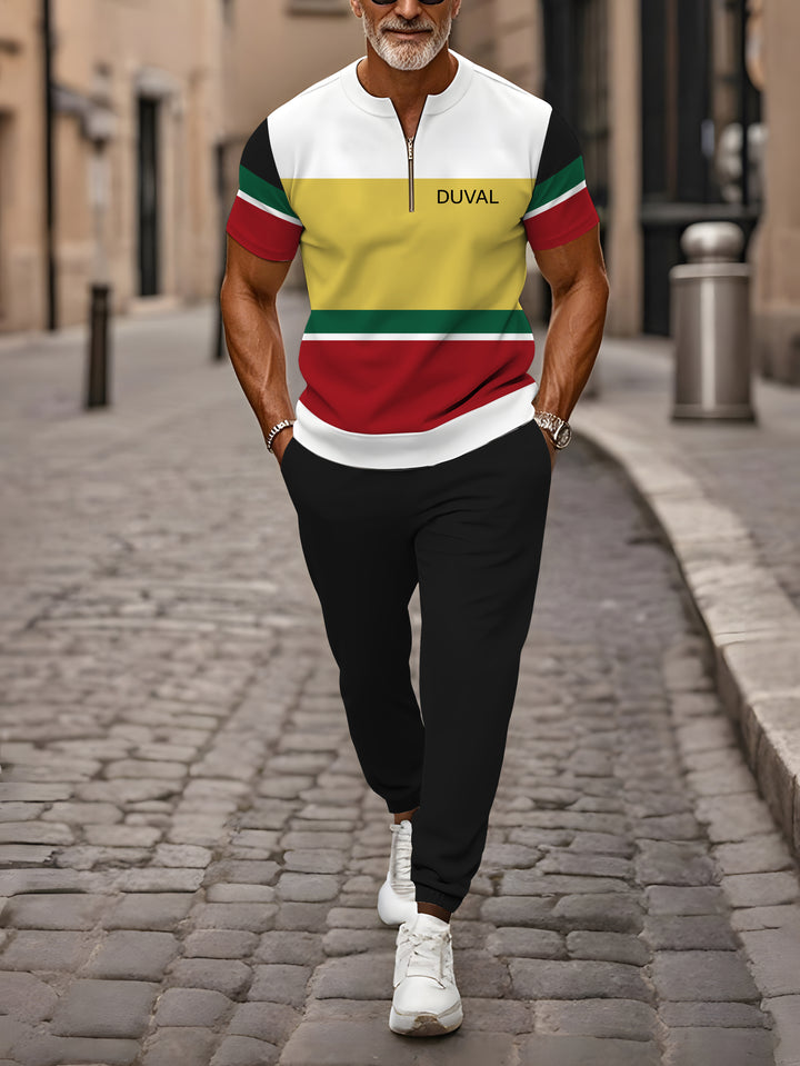 Zipper Short Sleeve Long Pants Two-Piece Set - DUVAL