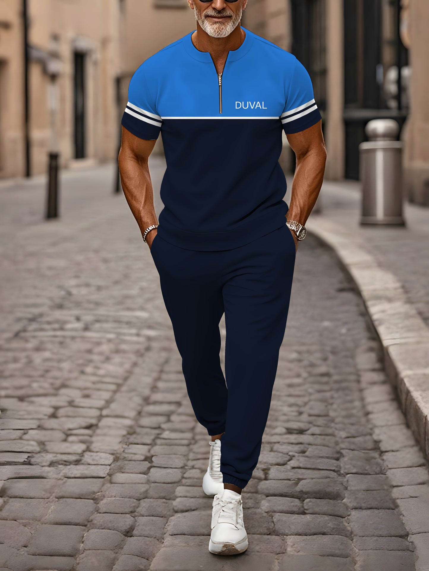 Zipper Short Sleeve Long Pants Two-Piece Set