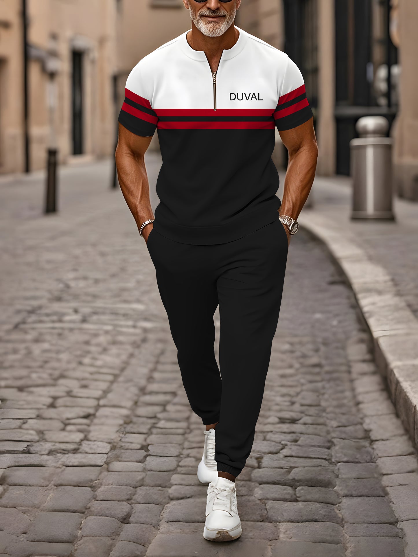 Zipper Short Sleeve Long Pants Two-Piece Set