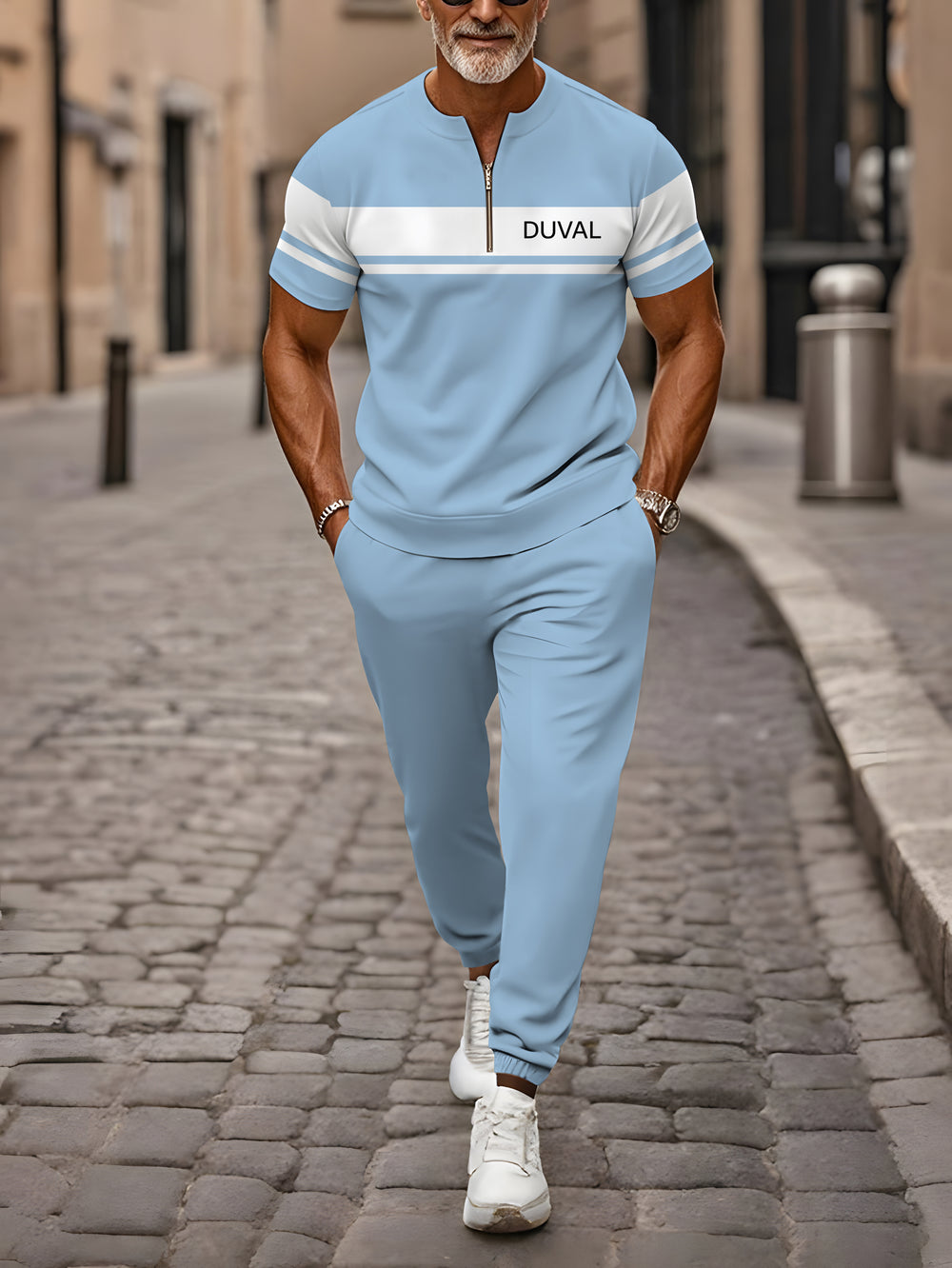 Zipper Short Sleeve Long Pants Two-Piece Set - DUVAL