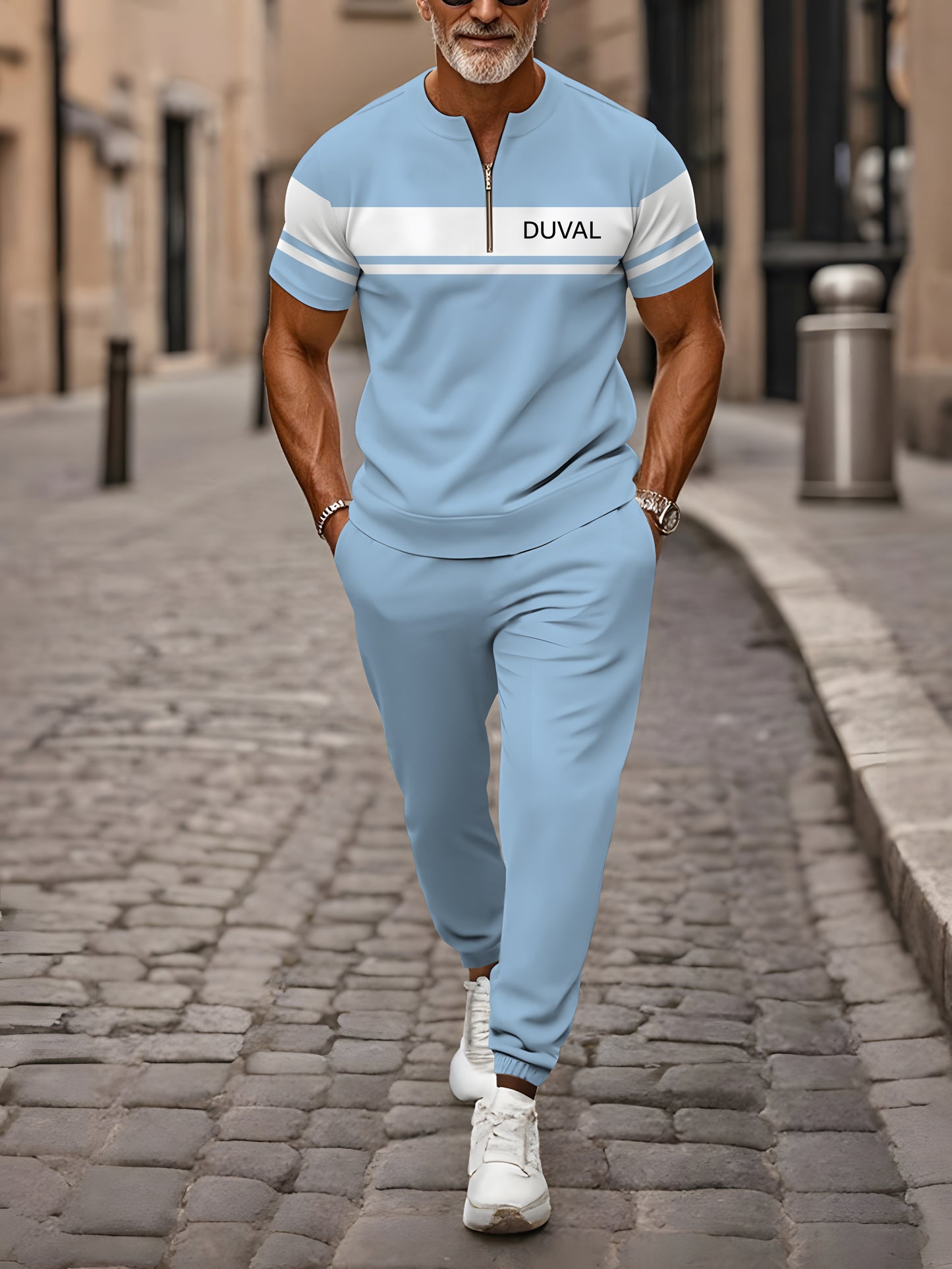 Zipper Short Sleeve Long Pants Two-Piece Set