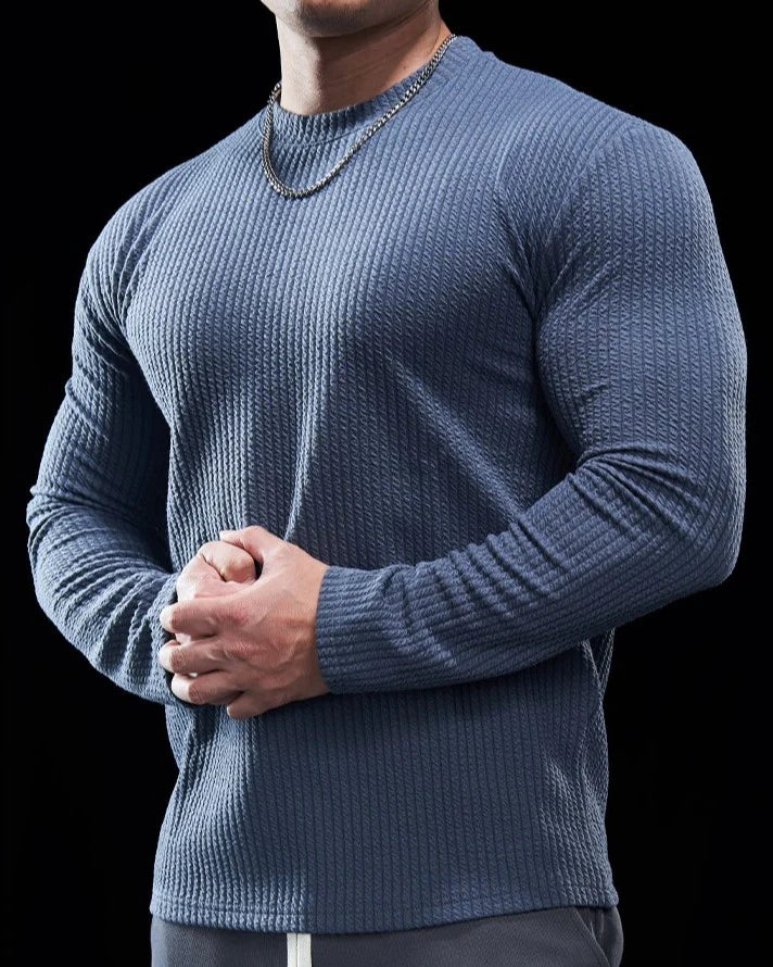 Texture Grid Crewneck Pullover Long Sleeve Shirt - DUVAL