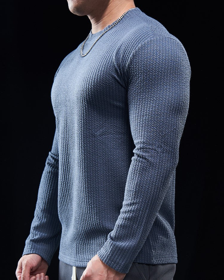 Texture Grid Crewneck Pullover Long Sleeve Shirt