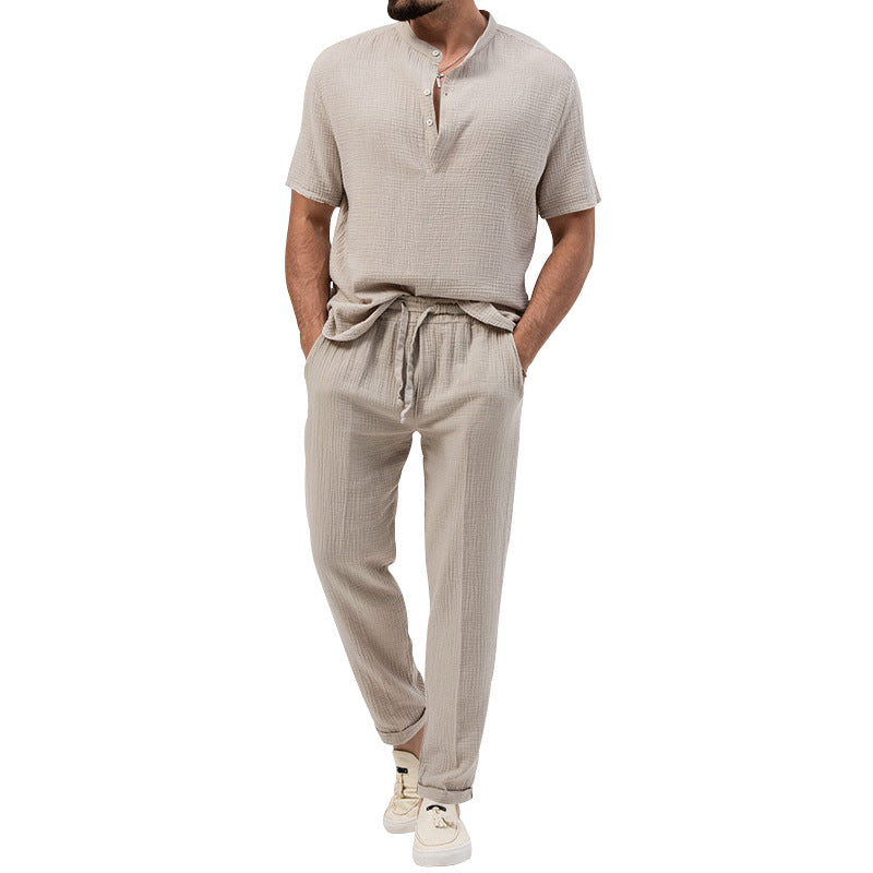 Hypemode Chemise boutonnée unie et pantalon à taille avec cordon de serrage pour homme sans t-shirt 