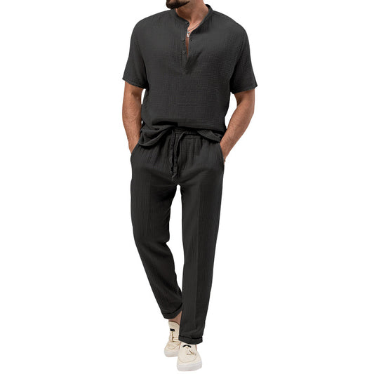 Hypemode Chemise boutonnée unie et pantalon à taille avec cordon de serrage pour homme sans t-shirt 