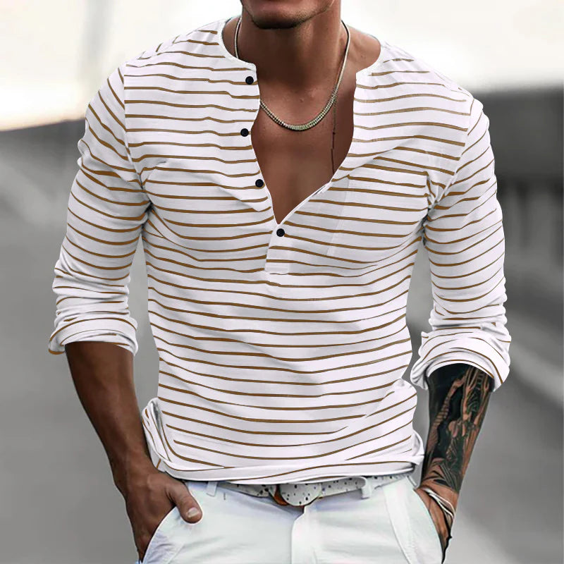 Striped Henley Collar Long Sleeve Casual T-shirt