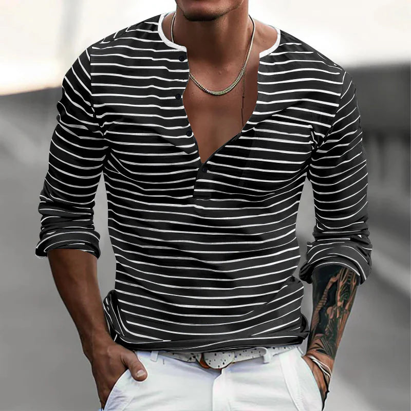 Striped Henley Collar Long Sleeve Casual T-shirt