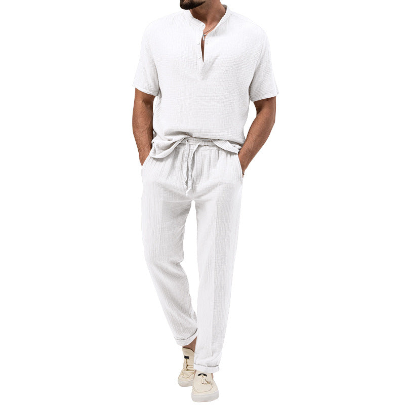 Hypemode Chemise boutonnée unie et pantalon à taille avec cordon de serrage pour homme sans t-shirt 