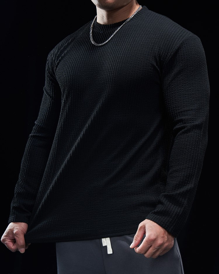 Texture Grid Crewneck Pullover Long Sleeve Shirt