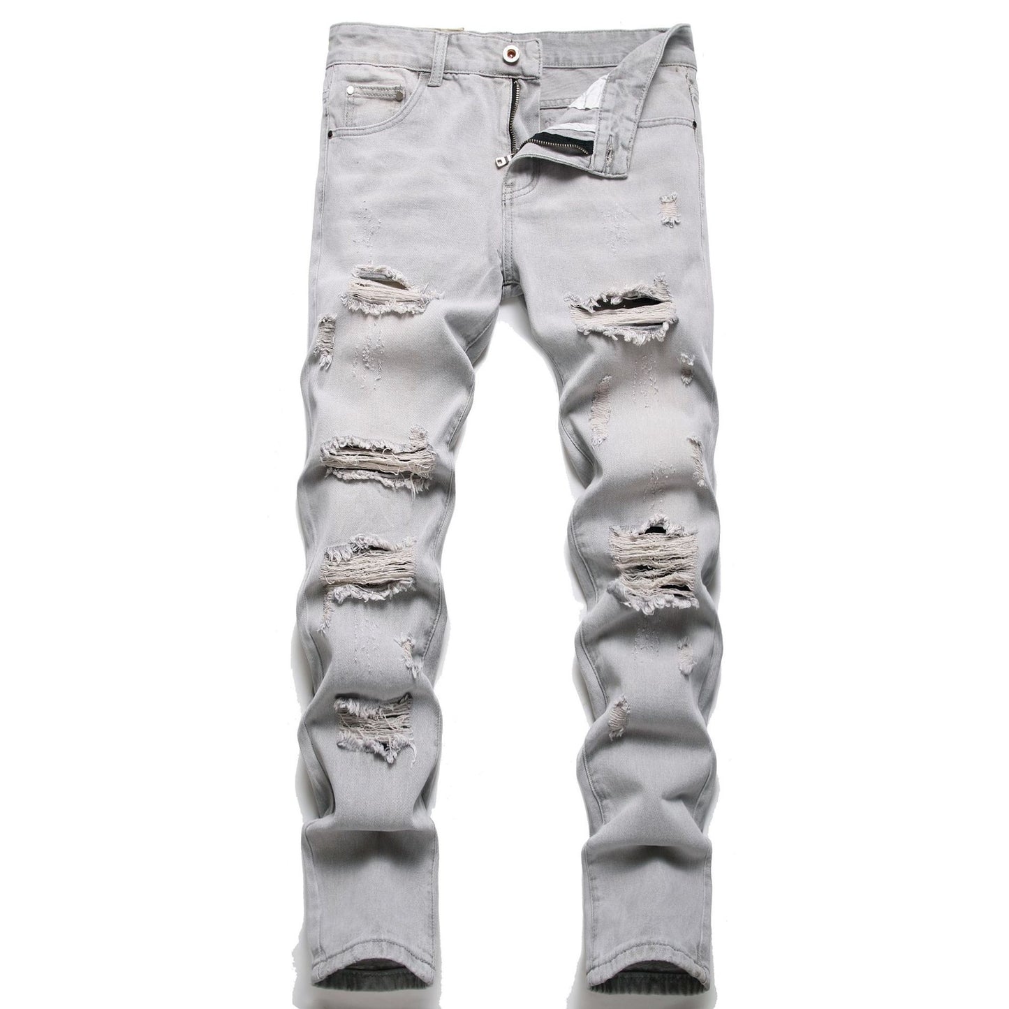 Men Cotton Ripped Straight Leg Jeans