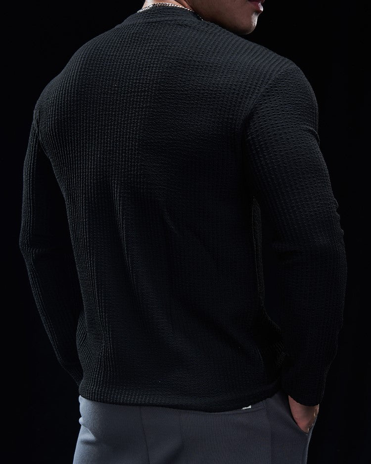 Texture Grid Crewneck Pullover Long Sleeve Shirt