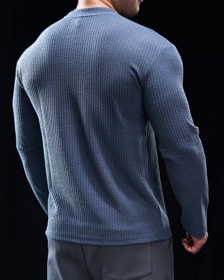 Texture Grid Crewneck Pullover Long Sleeve Shirt