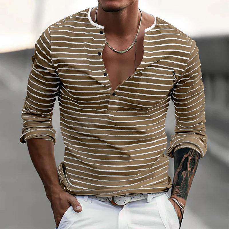 Striped Henley Collar Long Sleeve Casual T-shirt