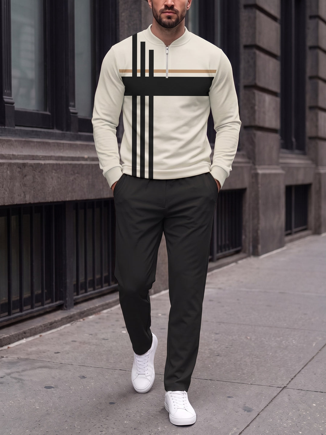 Zipper long sleeve two-piece set, Cream Pinstripe Band