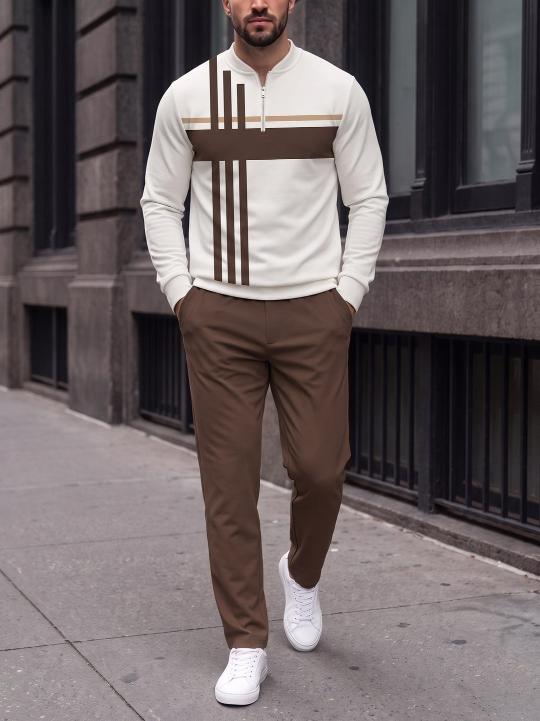 Zipper long sleeve two-piece set, Ivory Chocolate Band