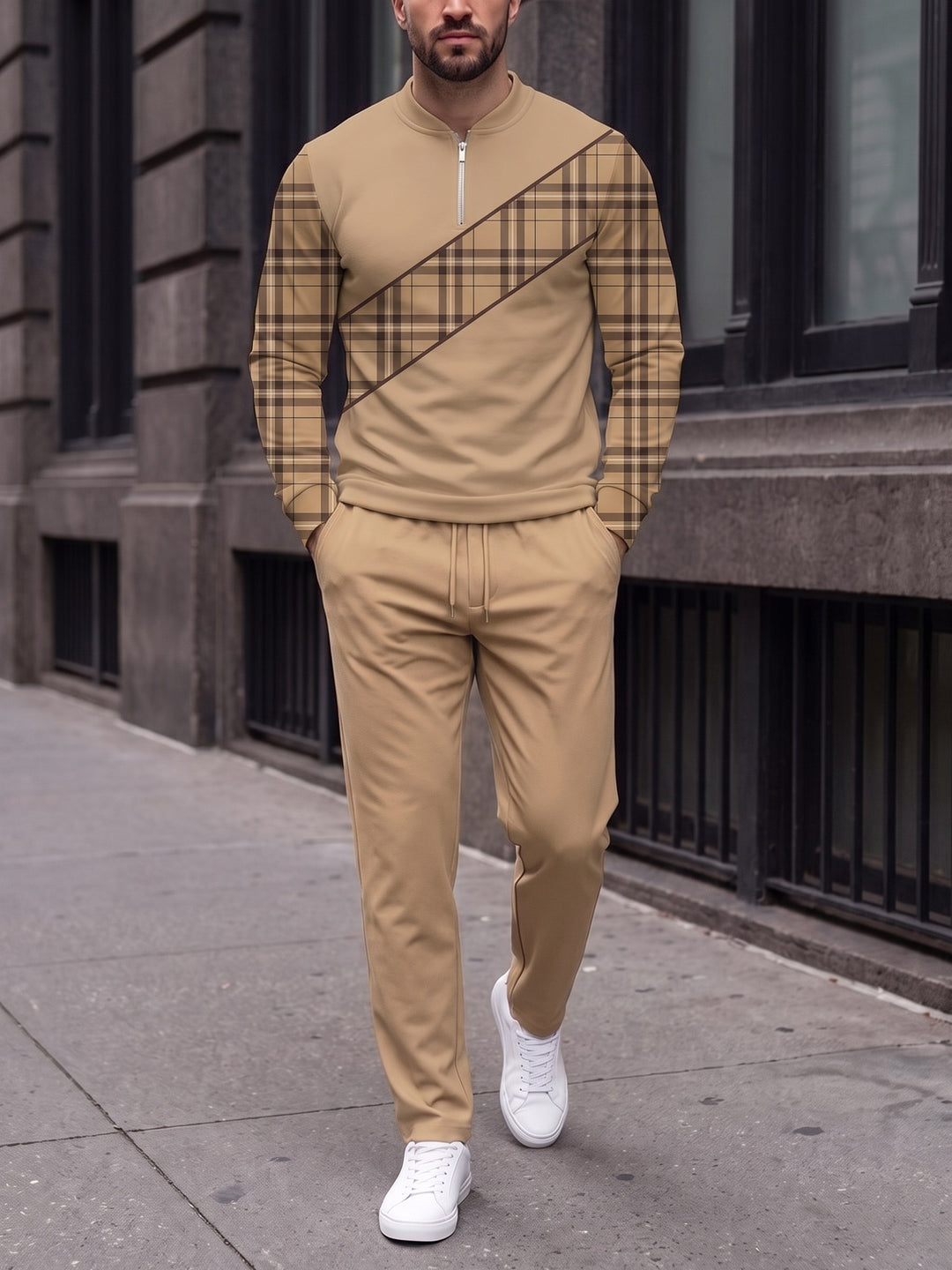 Zipper long sleeve two-piece set, Camel Check Sash