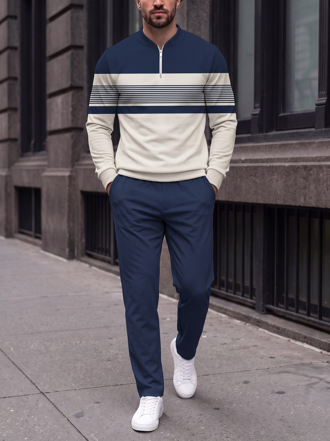 Zipper long sleeve two-piece set, Navy Split Stripe