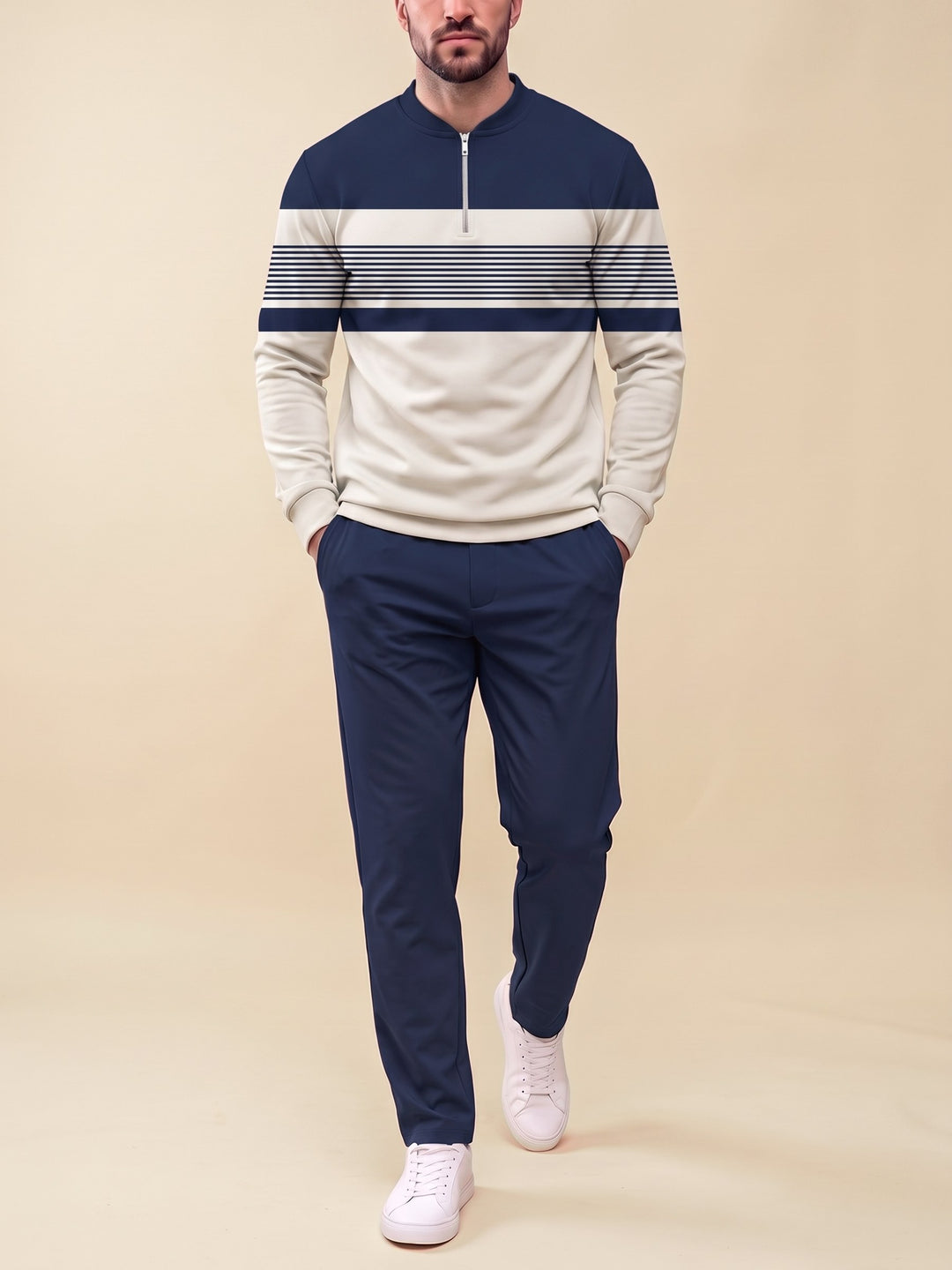 Zipper long sleeve two-piece set, Navy Split Stripe