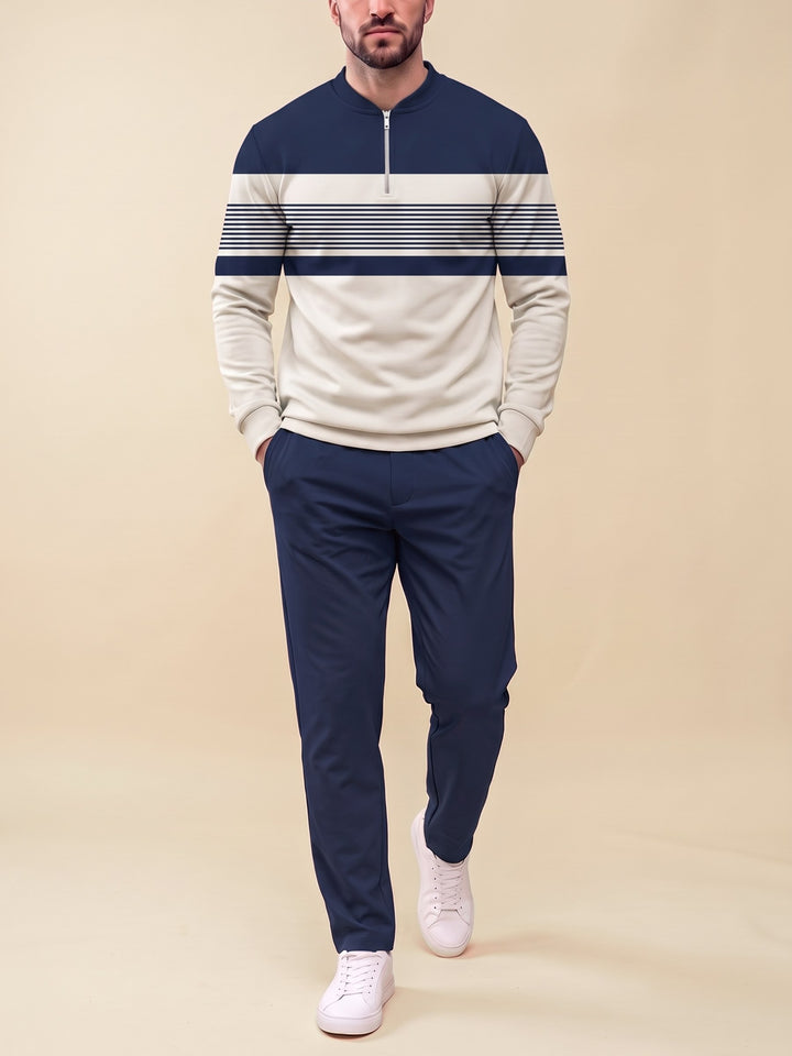 Zipper long sleeve two-piece set, Navy Split Stripe