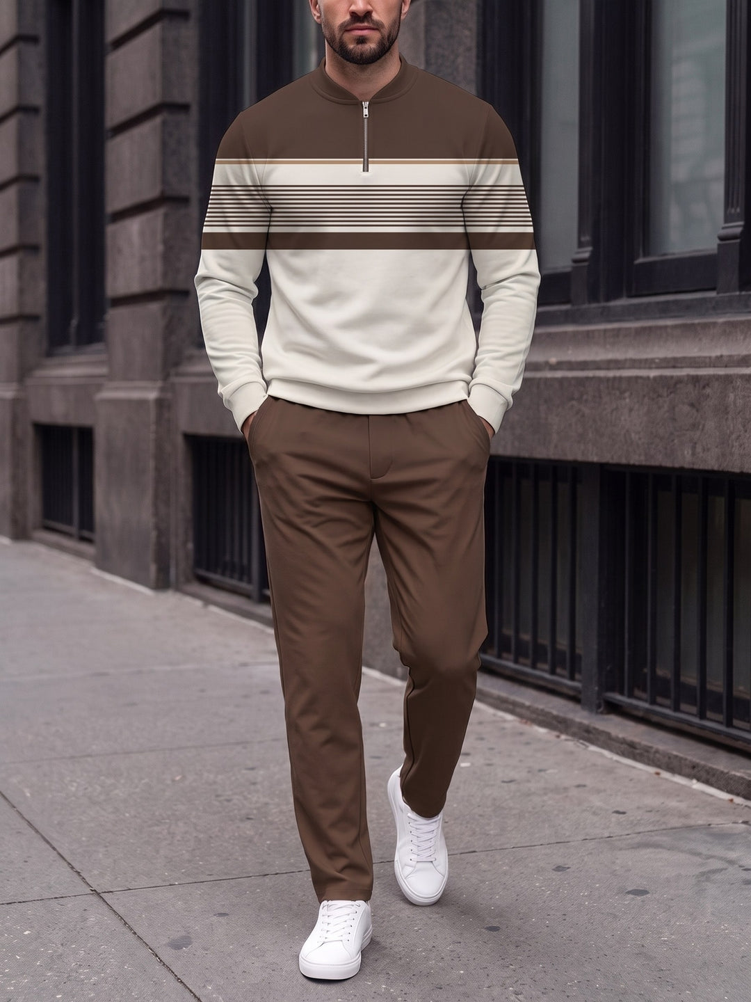 Zipper long sleeve two-piece set, Chocolate Split Stripe
