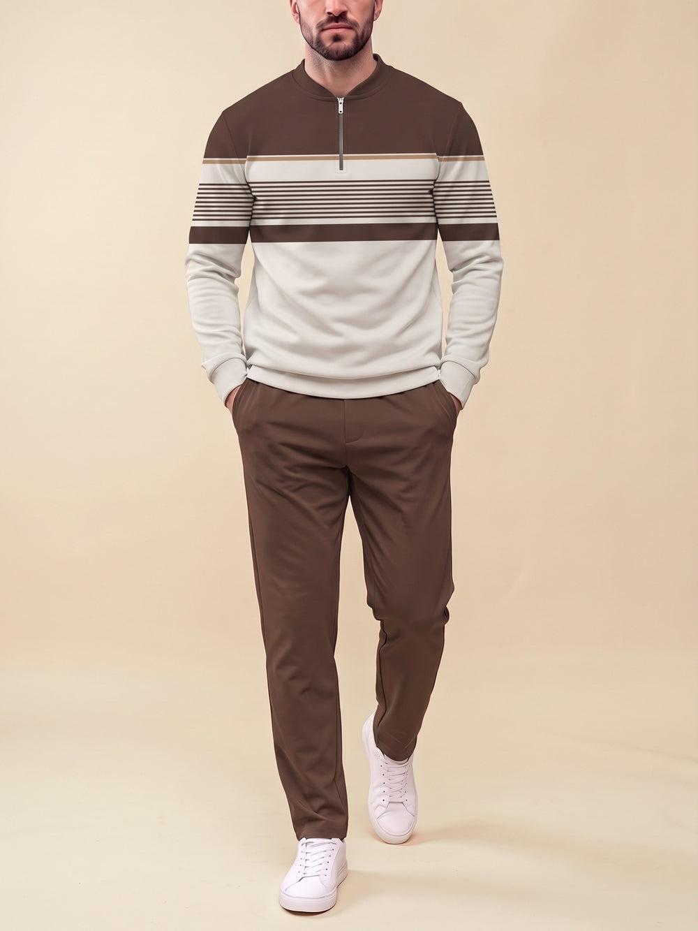 Zipper long sleeve two-piece set, Chocolate Split Stripe