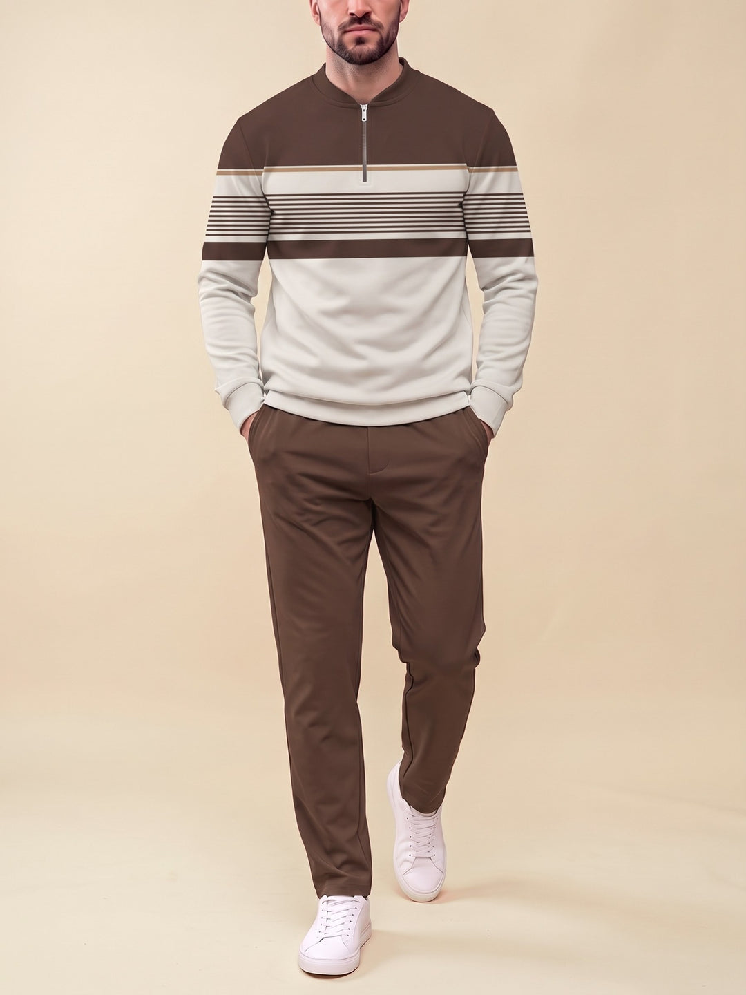 Zipper long sleeve two-piece set, Chocolate Split Stripe