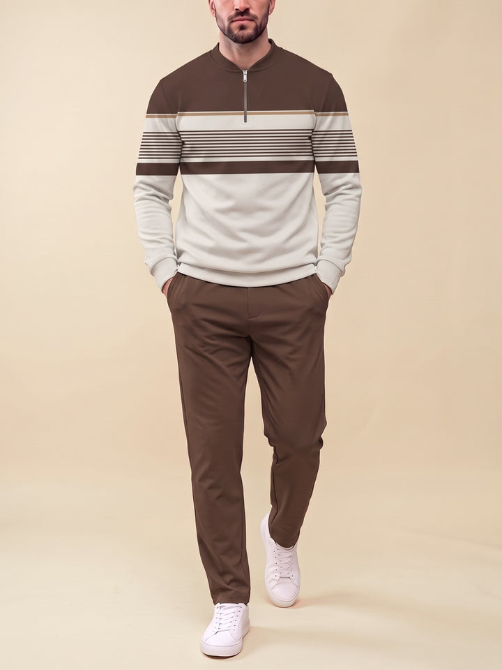 Zipper long sleeve two-piece set, Chocolate Split Stripe