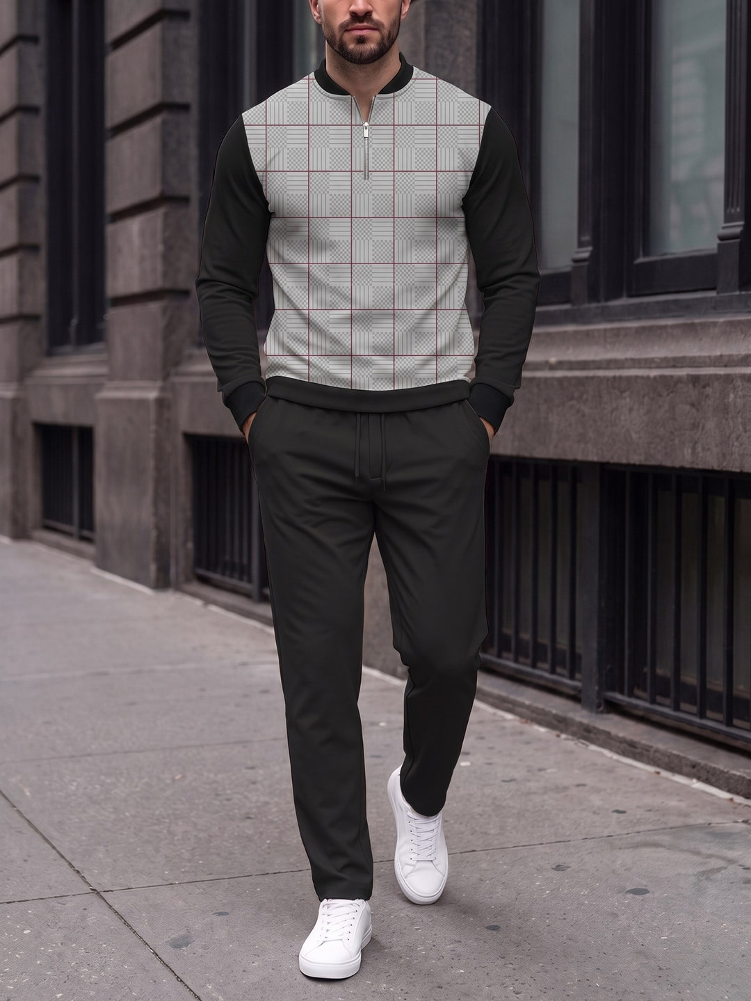 Zipper long sleeve two-piece set, Grey Glen Front