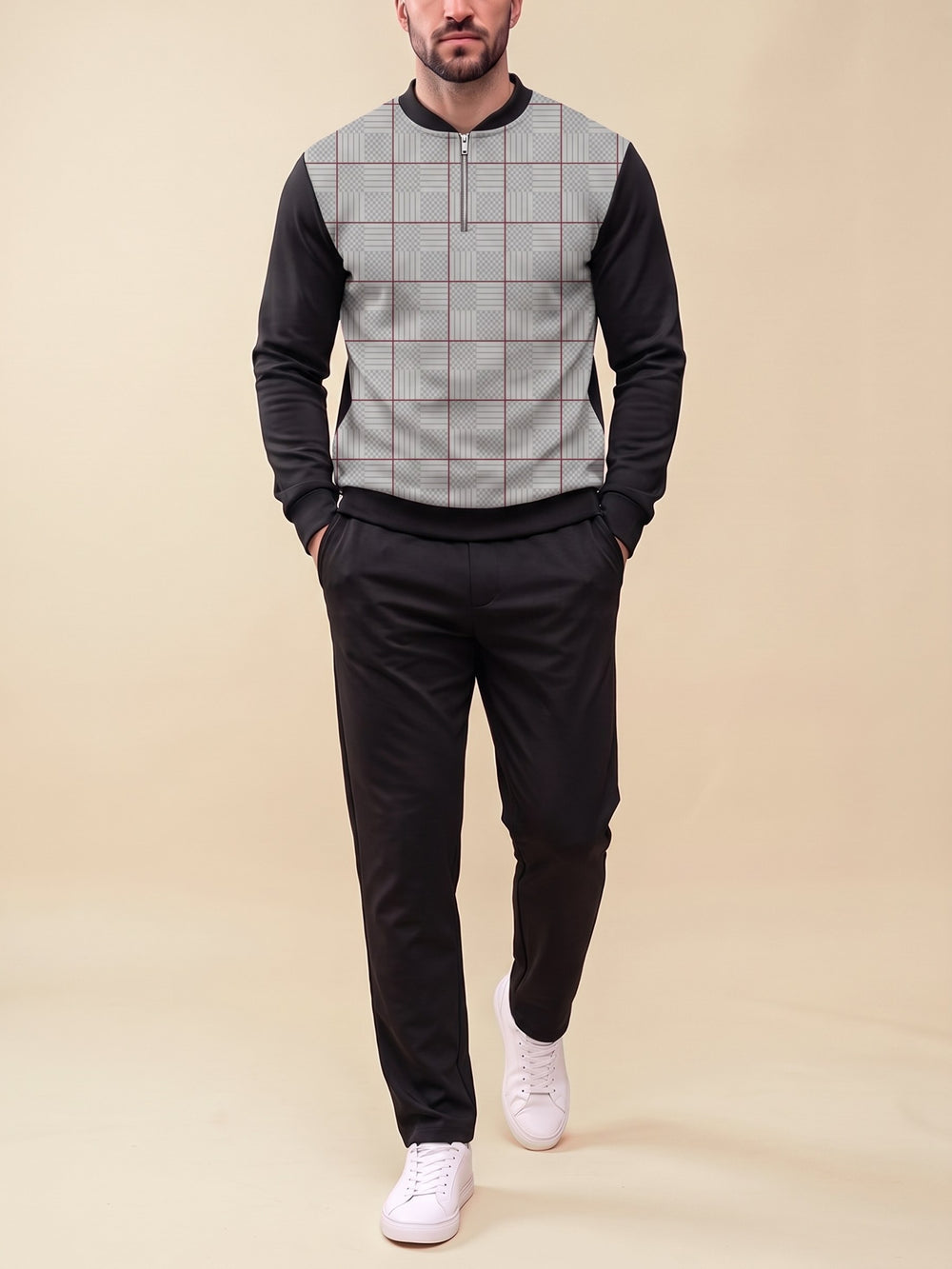 Zipper long sleeve two-piece set, Grey Glen Front