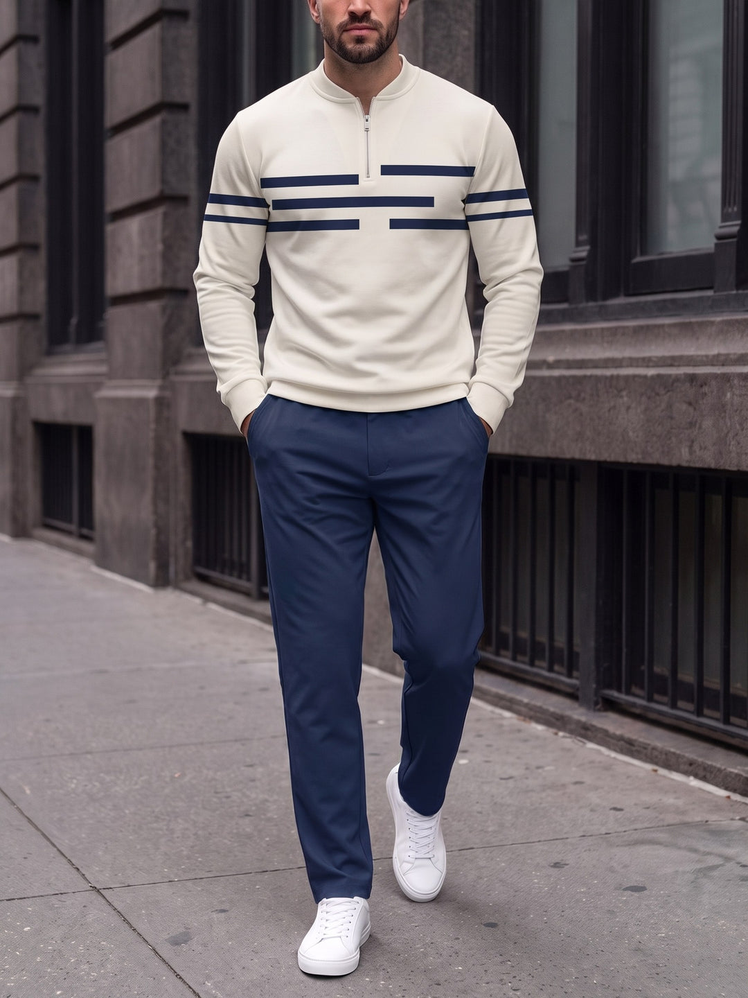 Zipper long sleeve two-piece set, Navy Dash