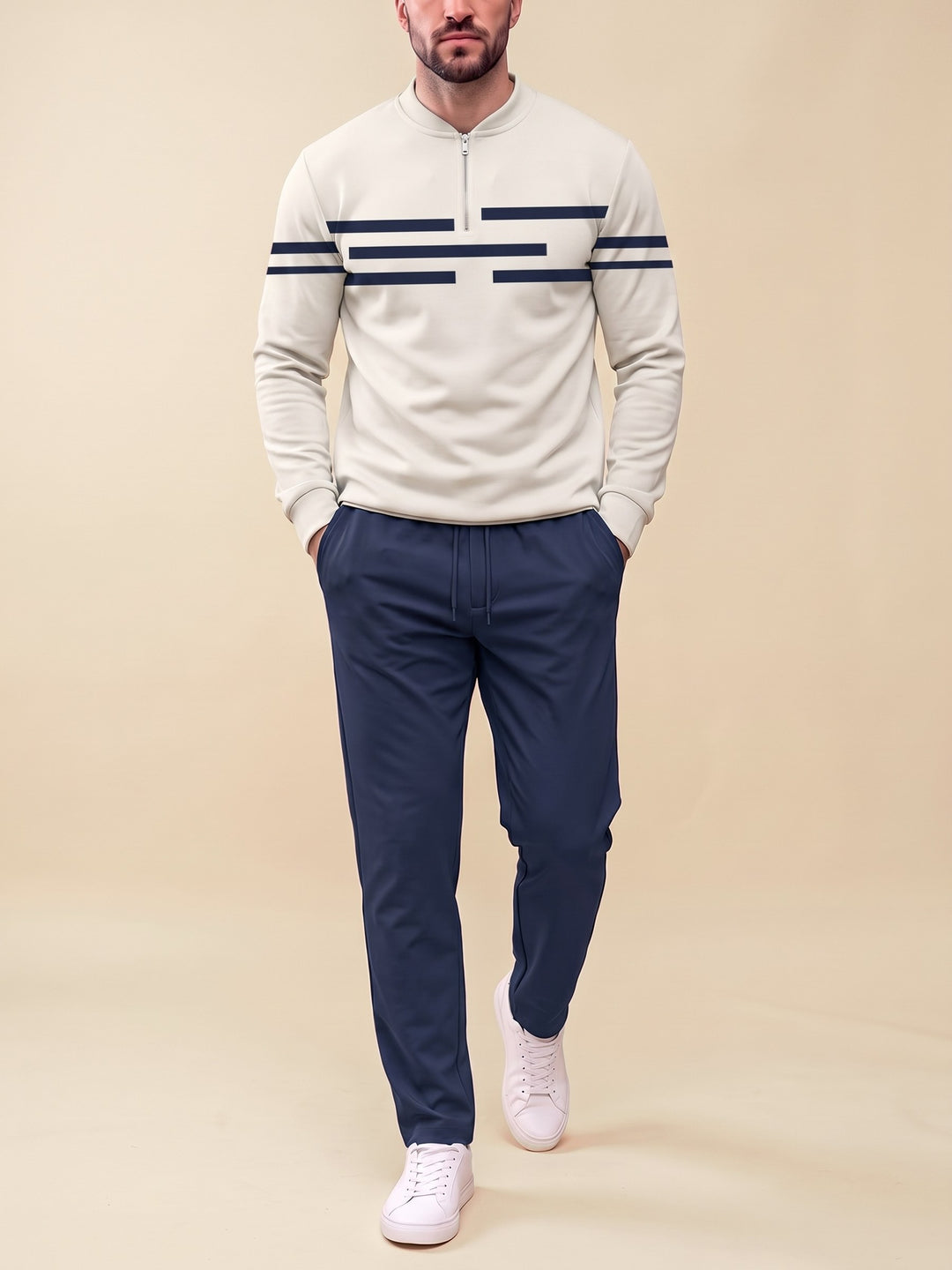Zipper long sleeve two-piece set, Navy Dash