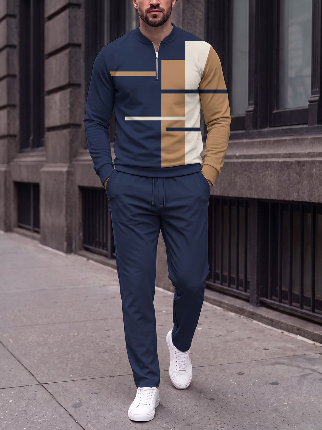 Zipper long sleeve two-piece set, Navy Camel Block