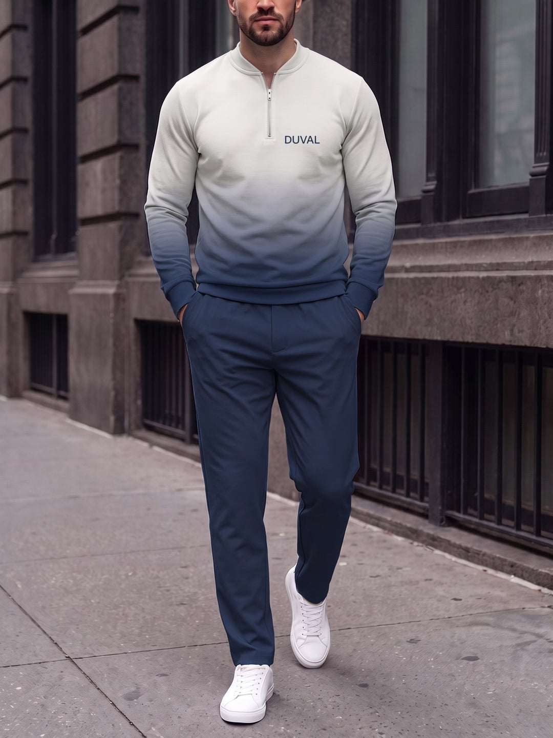 Zipper long sleeve two-piece set, Navy Fade