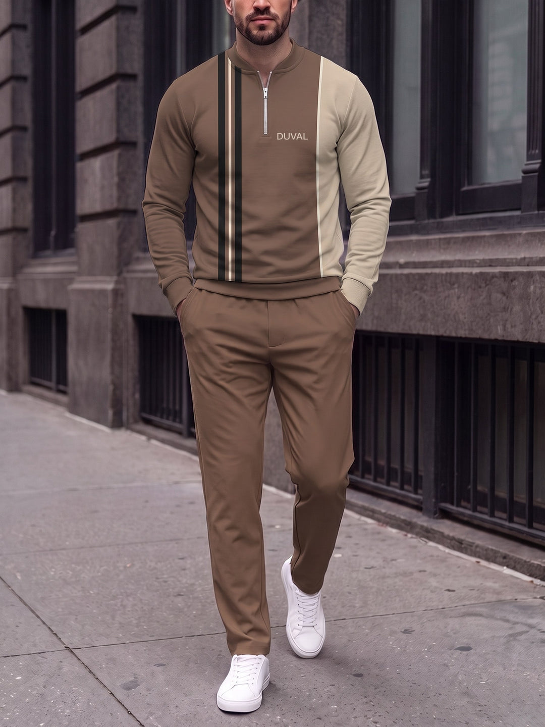 Zipper long sleeve two-piece set, Mocha Stripe