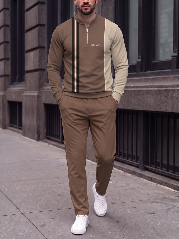 Zipper long sleeve two-piece set, Mocha Stripe