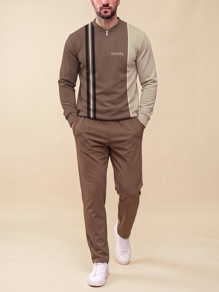 Zipper long sleeve two-piece set, Mocha Stripe