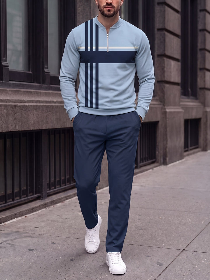 Zipper long sleeve two-piece set, Sky Pinstripe Band
