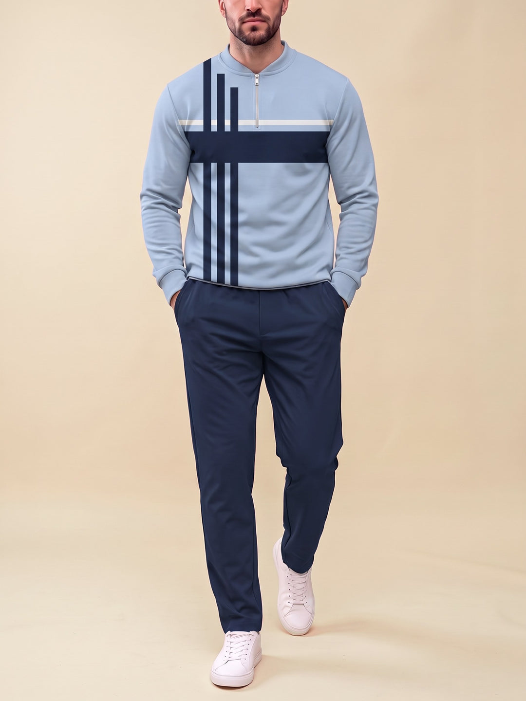 Zipper long sleeve two-piece set, Sky Pinstripe Band