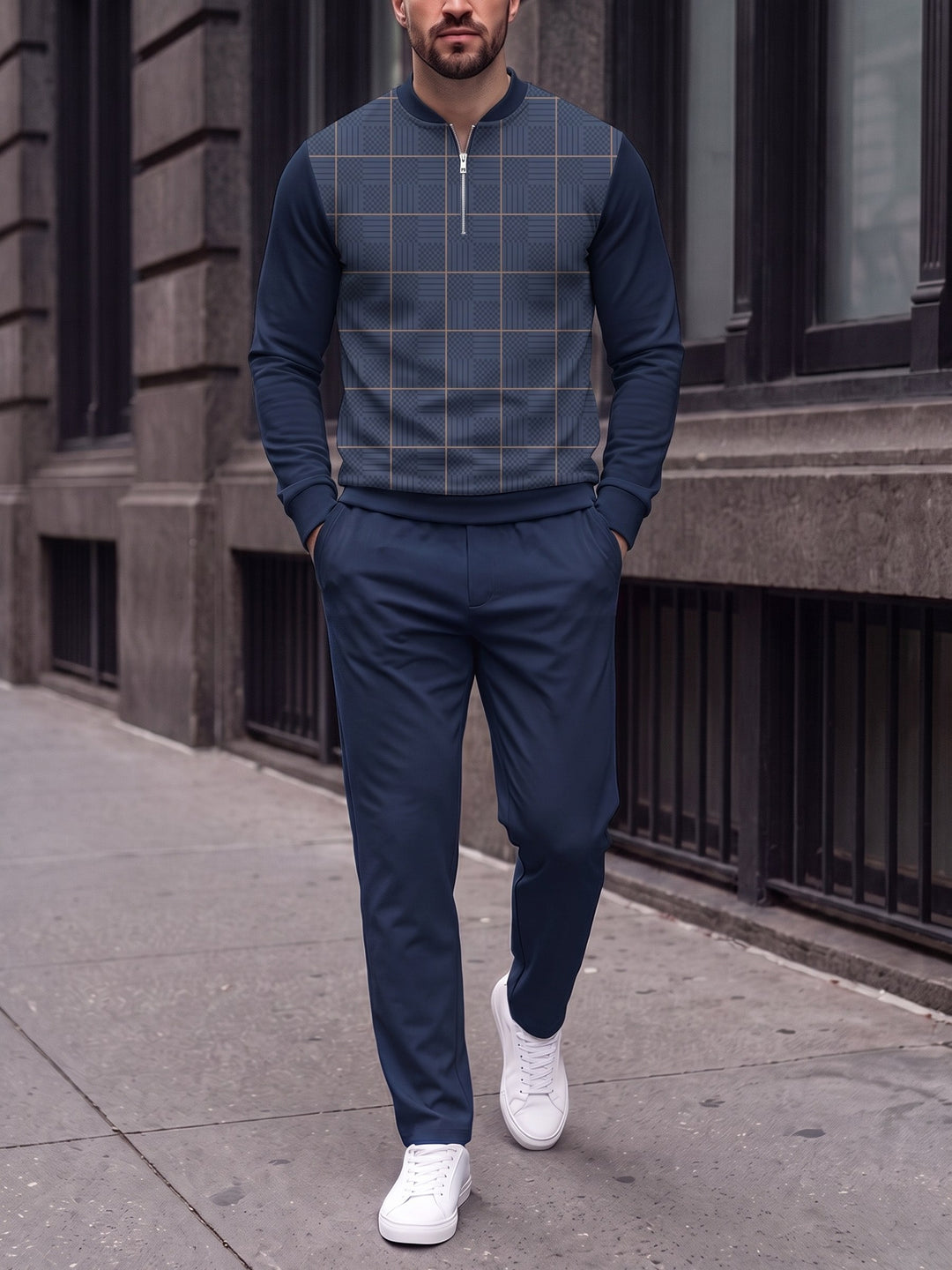 Zipper long sleeve two-piece set, Navy Glen Front