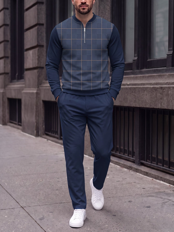 Zipper long sleeve two-piece set, Navy Glen Front