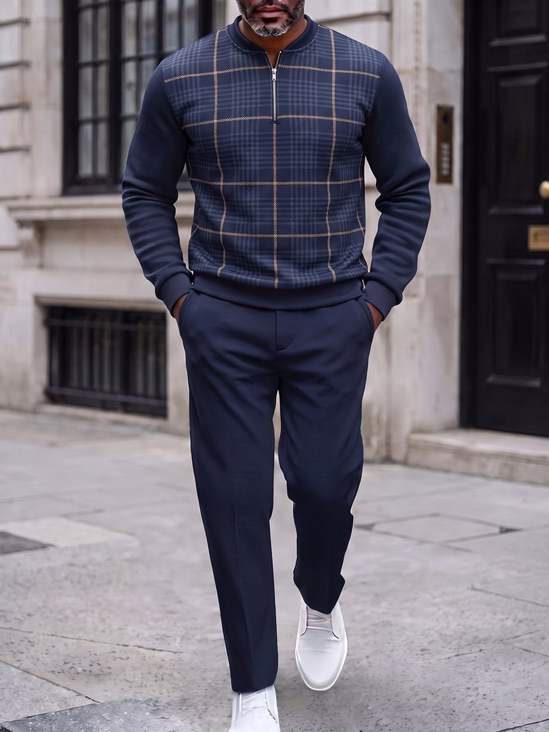 Zipper long sleeve two-piece set, Navy Glen Front