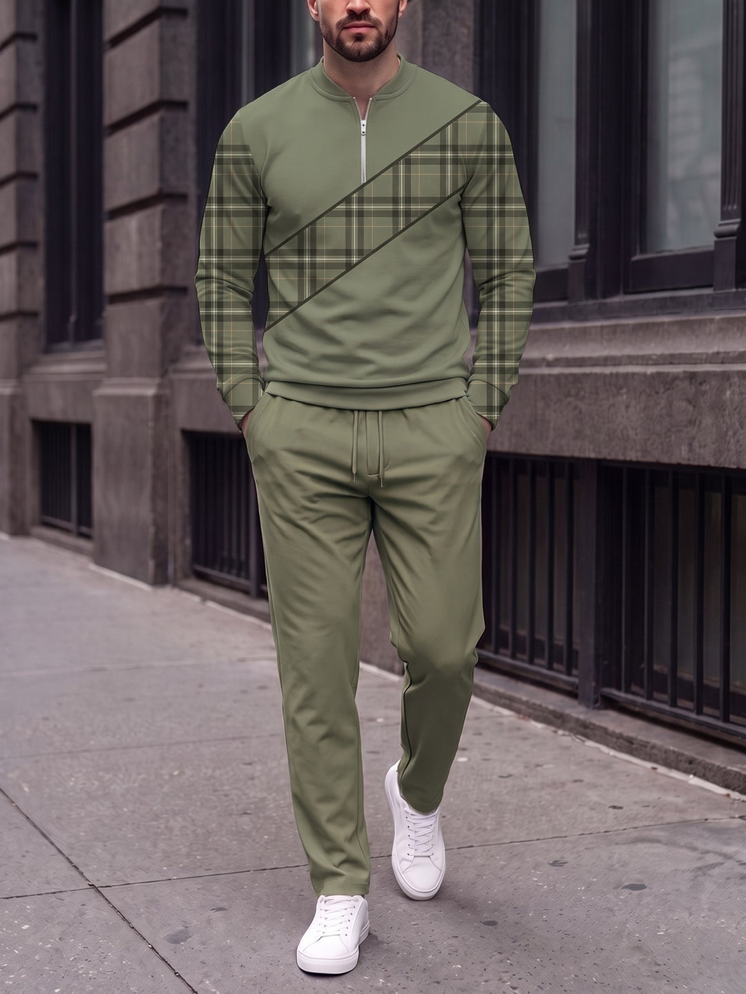 Zipper long sleeve two-piece set, Olive Check Sash