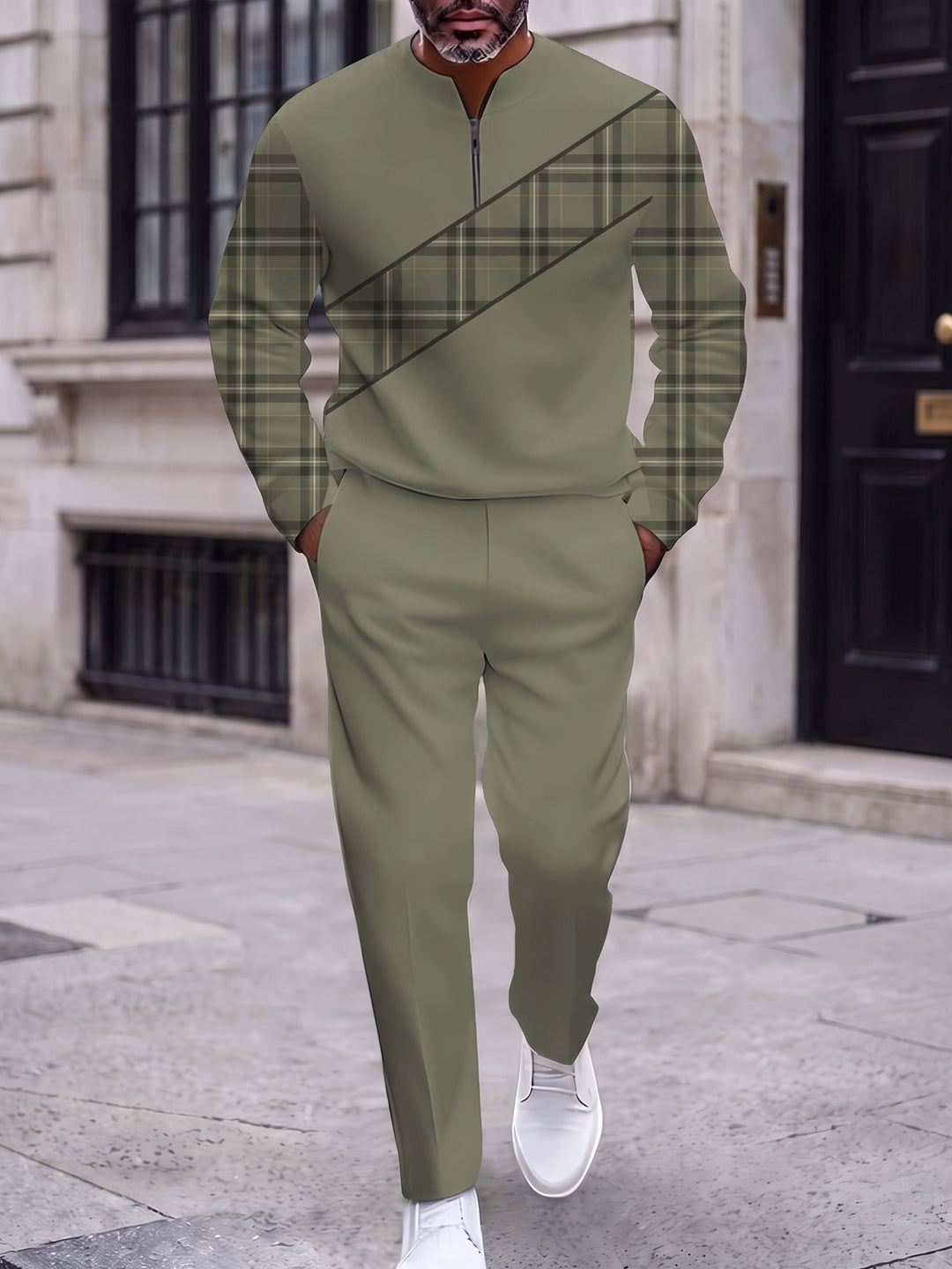 Zipper long sleeve two-piece set, Olive Check Sash